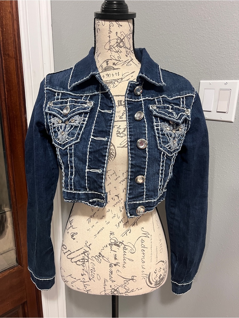 LA Idol USA Y2K McBling Cropped Denim Jacket Rhinestone Contrast Stitch Size L
